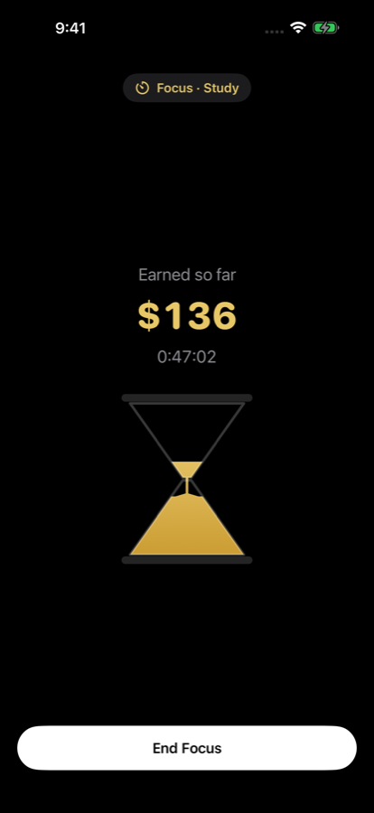 Focus timer: value rising in real time with the golden hourglass