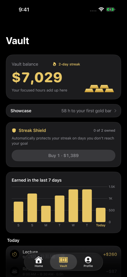 Vault: balance, streak, weekly chart